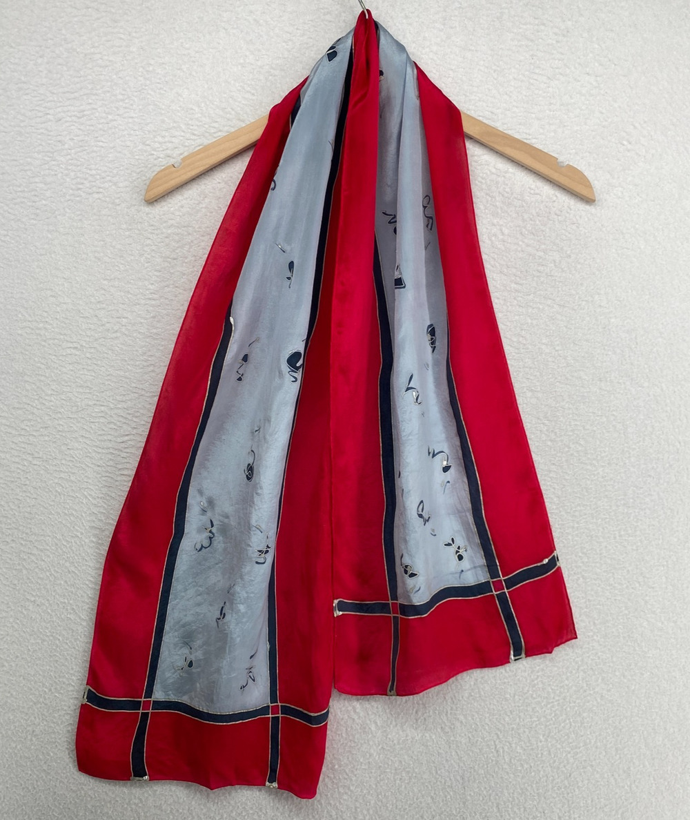 Vintage Scarf Hand Rolled Abstract Contrast Panel Red Gray Silver 11 x 58"